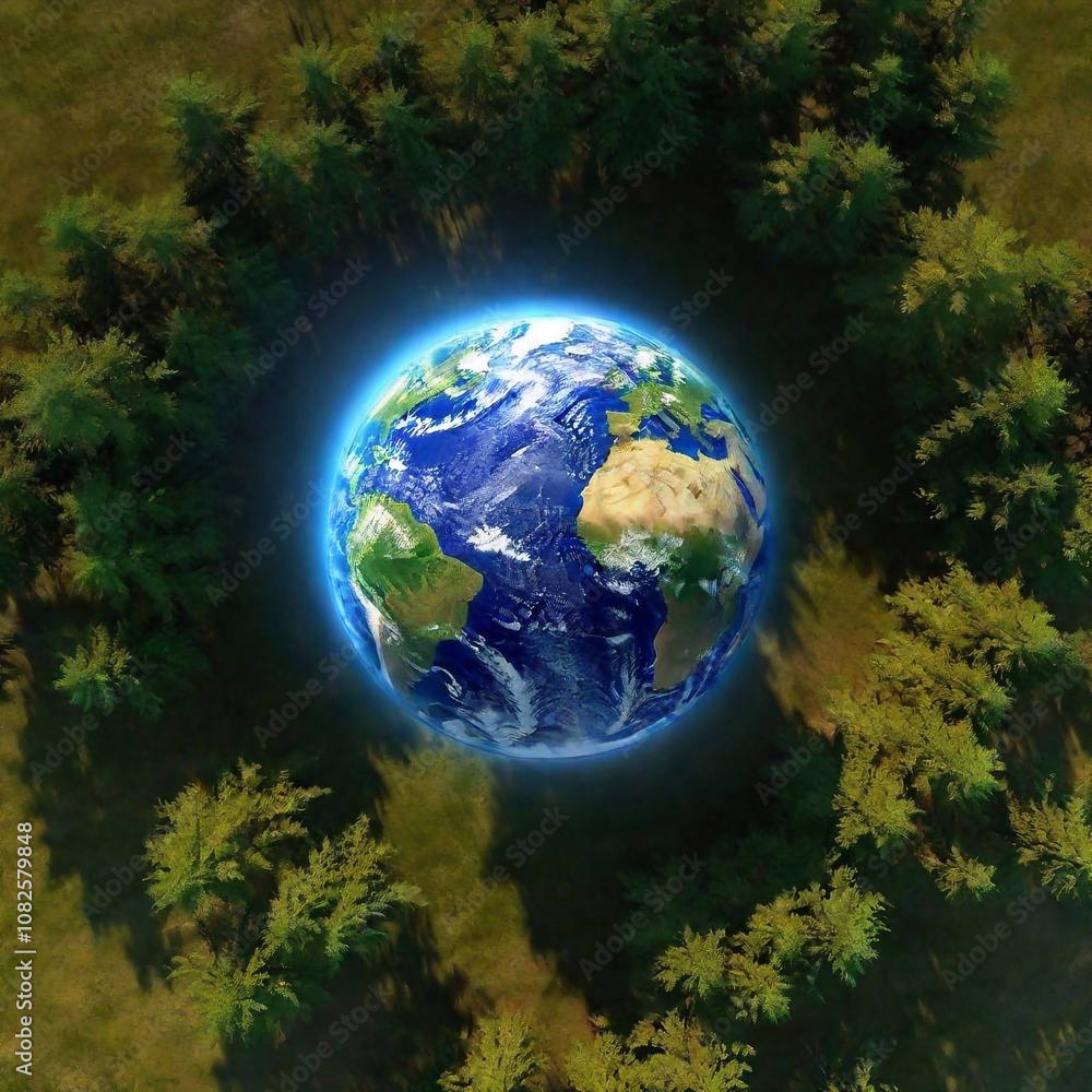 Photorealistic shot of earth with trees around, Earth Day Photorealistic shot of earth with trees around, Earth Day