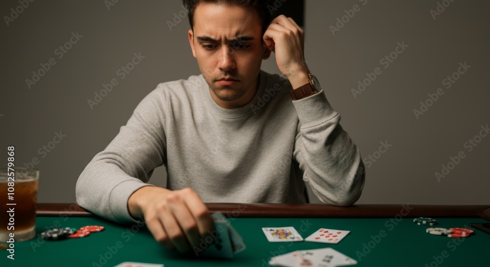 Young man concentrating during a poker game at green card table Young man concentrating during a poker game at green card table
