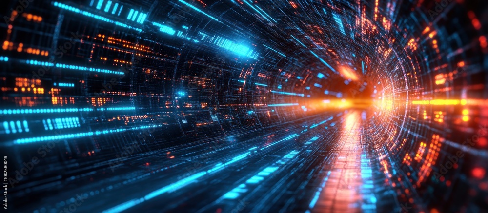 Fototapeta premium Abstract futuristic tunnel with blue and orange light streaks.