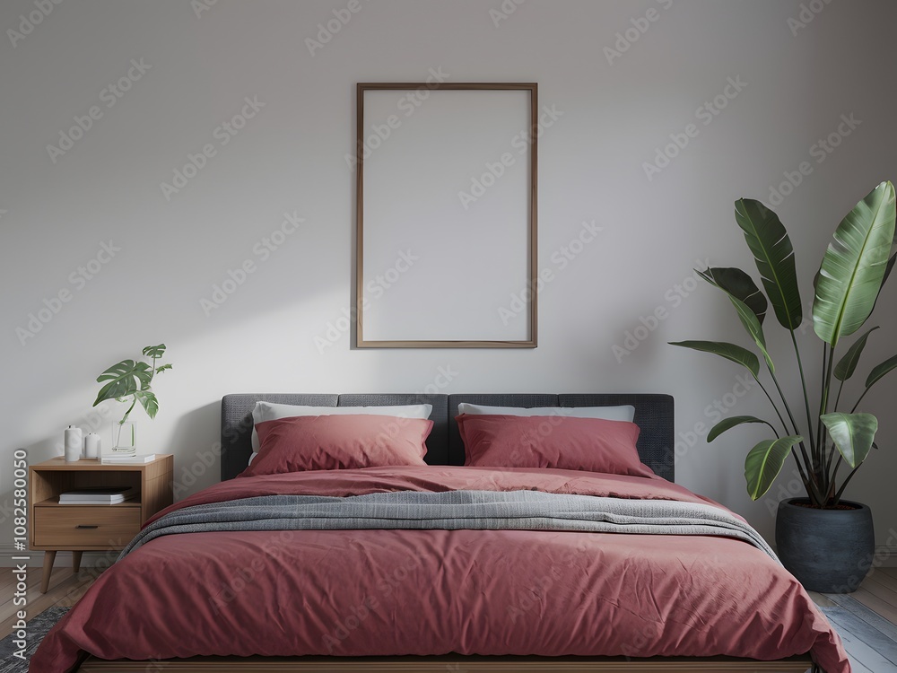 A serene bedroom setting. Above the bed, a blank vertical frame is hung on the wall A serene bedroom setting. Above the bed, a blank vertical frame is hung on the wall