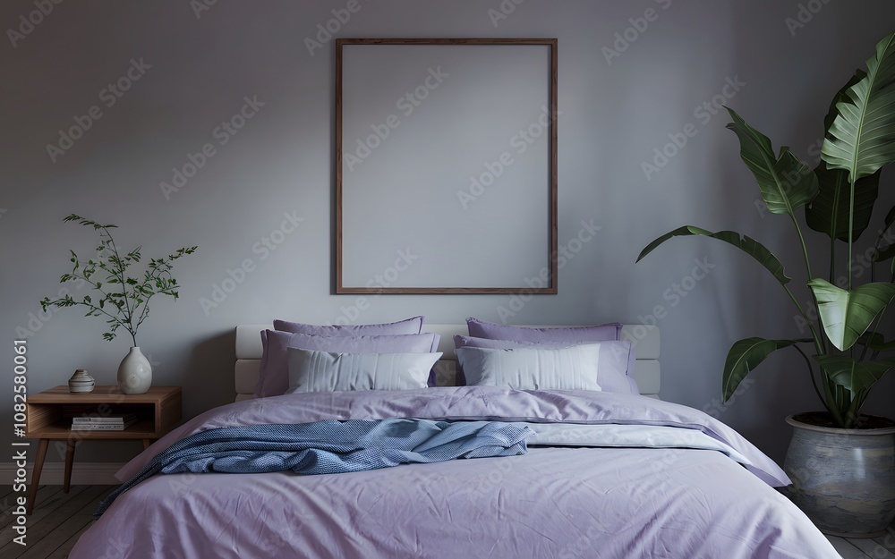 A serene bedroom setting. Above the bed, a blank vertical frame is hung on the wall A serene bedroom setting. Above the bed, a blank vertical frame is hung on the wall