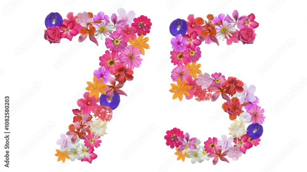 75, Video of numbers formed from growing flowers, suitable for birthday, anniversary and commemoration templates.
75, Video of numbers formed from growing flowers, suitable for birthday, anniversary and commemoration templates.