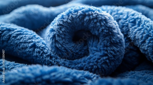 This close-up showcases a soft, blue fabric twisted into a spiral, highlighting its cozy texture and inviting warmth, ideal for snuggling during cooler months.