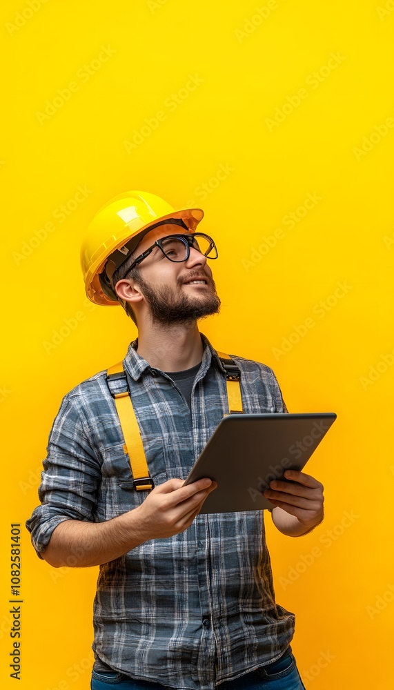 A young Engineer wearing yellow safety helmet holding a tablet in his hand. Studio shot with yellow background. Engineering and construction concept A young Engineer wearing yellow safety helmet holding a tablet in his hand. Studio shot with yellow background. Engineering and construction concept