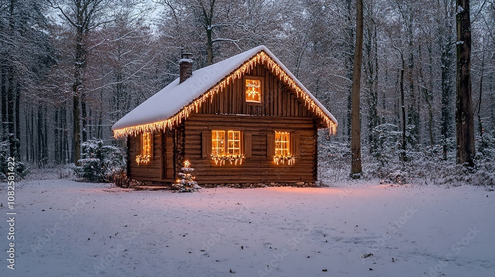 Cozy cabin with lit windows in snowy forest at dusk Cozy cabin with lit windows in snowy forest at dusk