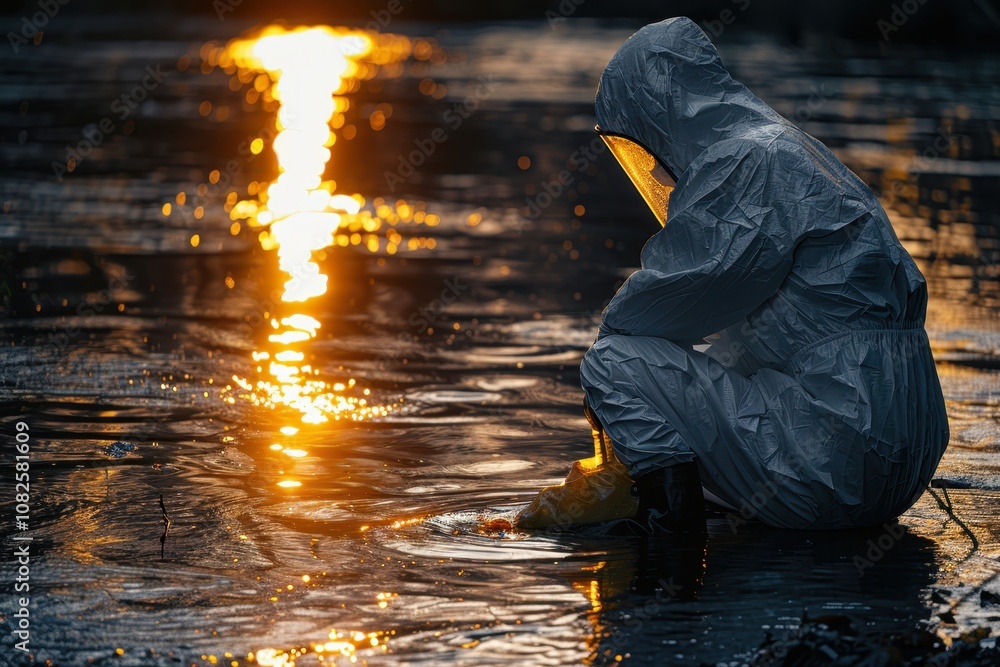 Lone Figure in Protective Gear Collects Water Samples at Dawn Lone Figure in Protective Gear Collects Water Samples at Dawn