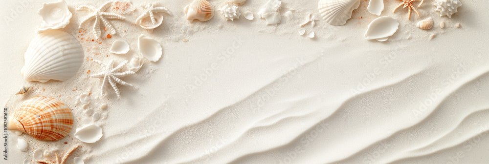 Seashells and Starfish on White Sand Background Seashells and Starfish on White Sand Background