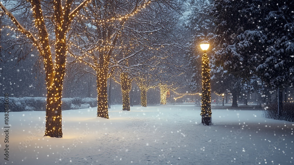 Snowy park with illuminated trees under falling snow Snowy park with illuminated trees under falling snow