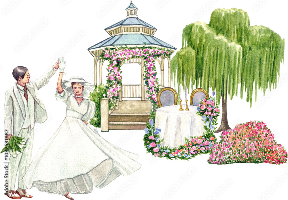 Fototapeta premium Hand-drawn Couple Dancing at wedding ceremony