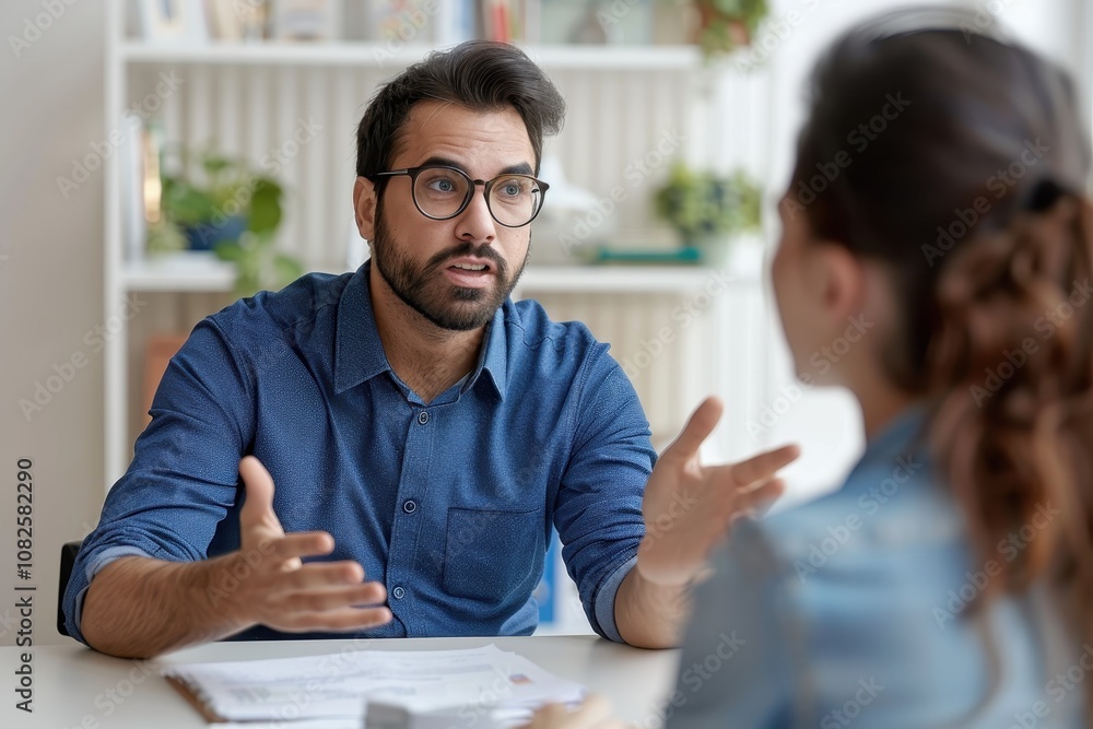 Male mental health professional engaging in conversation at desk Male mental health professional engaging in conversation at desk