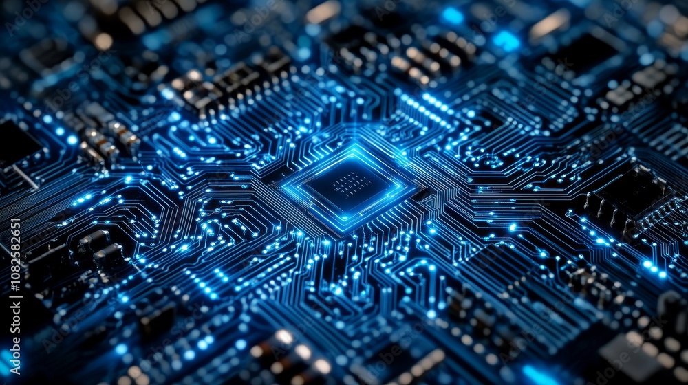 Close-up of a circuit board with a glowing blue processor. Close-up of a circuit board with a glowing blue processor.