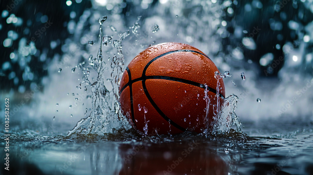 A basketball in the rain, with a background of lights, A basketball in the rain, with a background of lights,