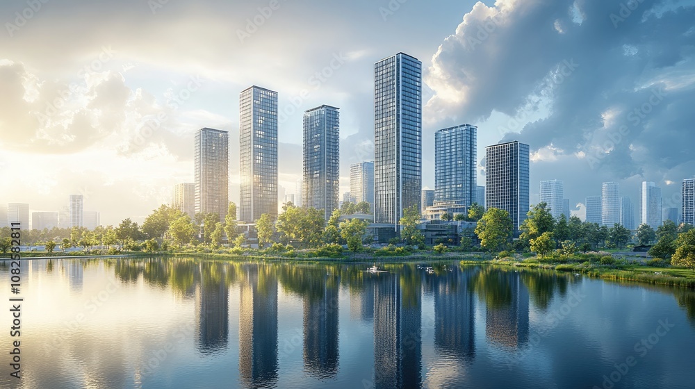 A Beautiful Vision of a Futuristic Green City, Blending Sleek Skyscrapers with Vibrant Natural Greenery and a Tranquil Lake, Showcasing Eco-Friendly Urban Design and Sustainability A Beautiful Vision of a Futuristic Green City, Blending Sleek Skyscrapers with Vibrant Natural Greenery and a Tranquil Lake, Showcasing Eco-Friendly Urban Design and Sustainability