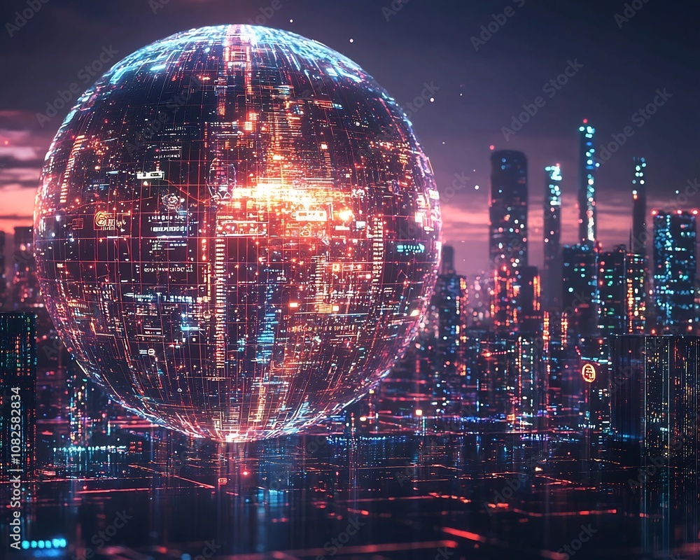 Fototapeta premium Futuristic Glowing Digital Globe Hovering Over Illuminated City Skyline