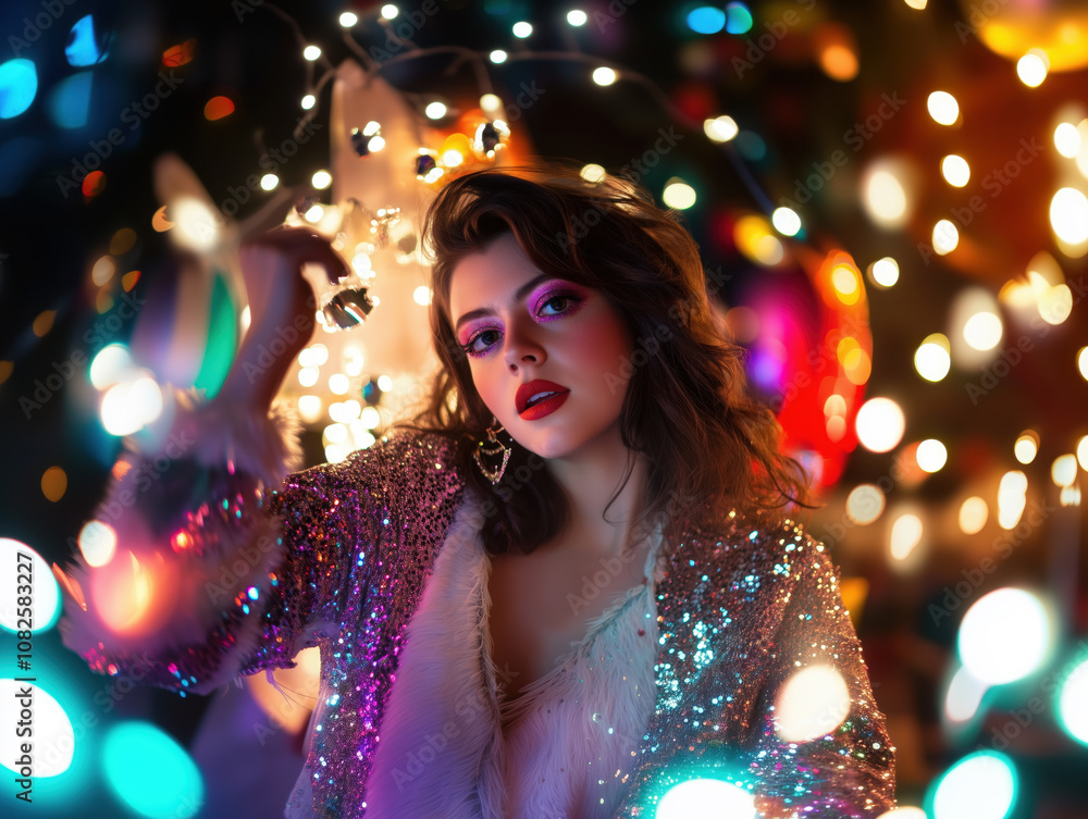 Young woman at a New Year's party, wearing a glamorous outfit with Young woman at a New Year's party, wearing a glamorous outfit with