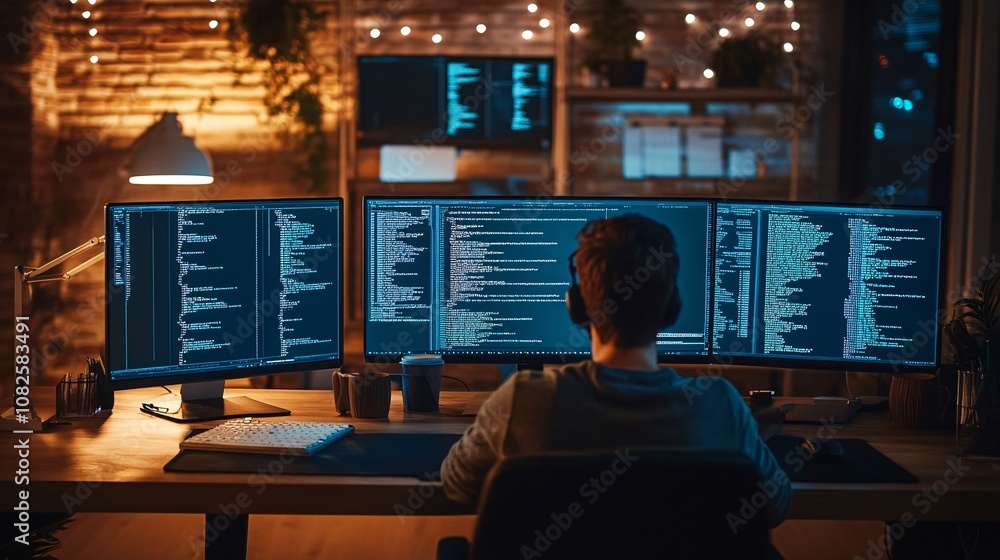 Male programmer writing code on a computer with multiple monitors in a modern loft office at night