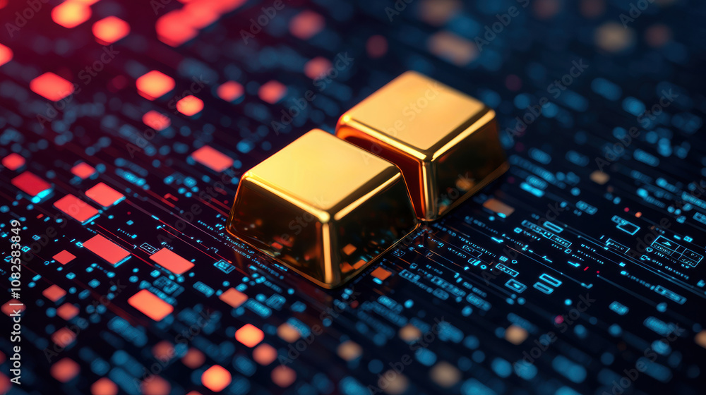 Gold bars lying on digital security wall representing cybersecurity and wealth Gold bars lying on digital security wall representing cybersecurity and wealth
