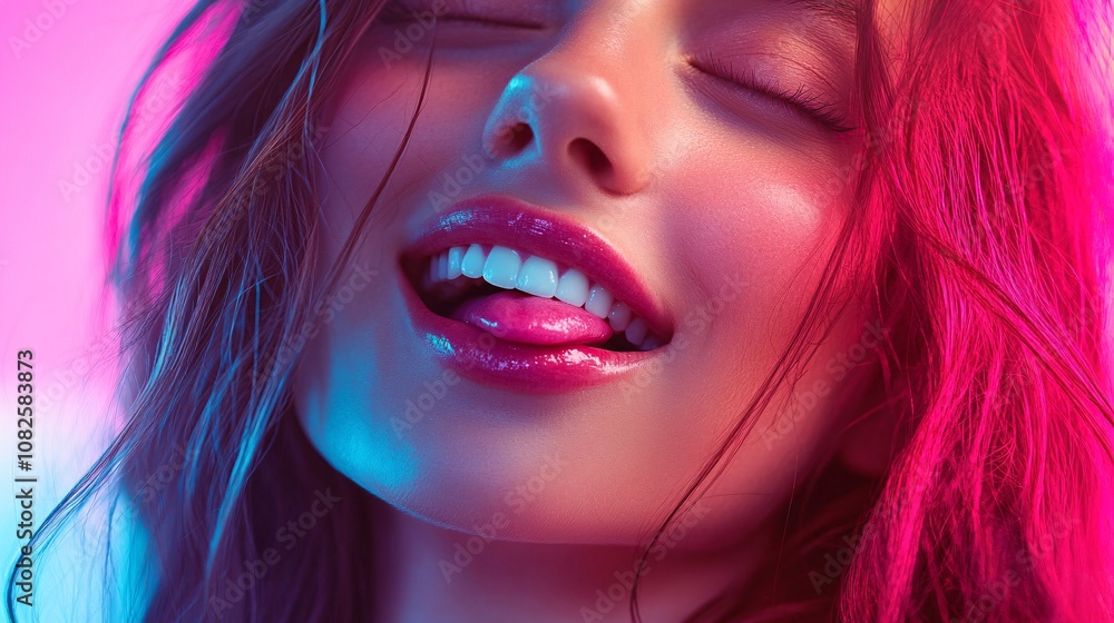 Fashion model showing tongue with neon lighting and pink hair Fashion model showing tongue with neon lighting and pink hair
