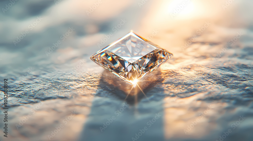 High-quality close-up of a radiant cut diamond on a smooth white surface, displaying its brilliance and clarity. Radiant. Illustration High-quality close-up of a radiant cut diamond on a smooth white surface, displaying its brilliance and clarity. Radiant. Illustration