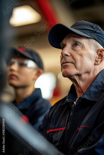 Mentoring Session Between Caucasian Senior Mechanic and Latino Technician in Workshop