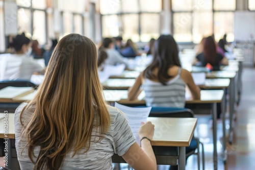 Rear view of university student sitting in exam room concentrating on taking a test