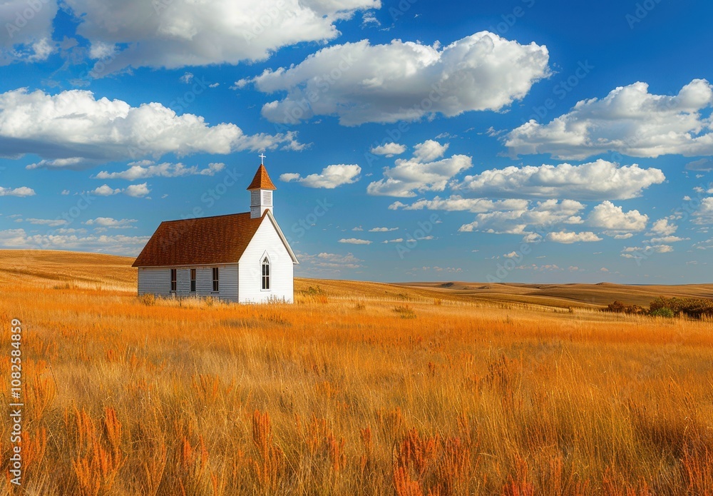 Small White Church in Open Prairie Field Under Blue Sky Small White Church in Open Prairie Field Under Blue Sky