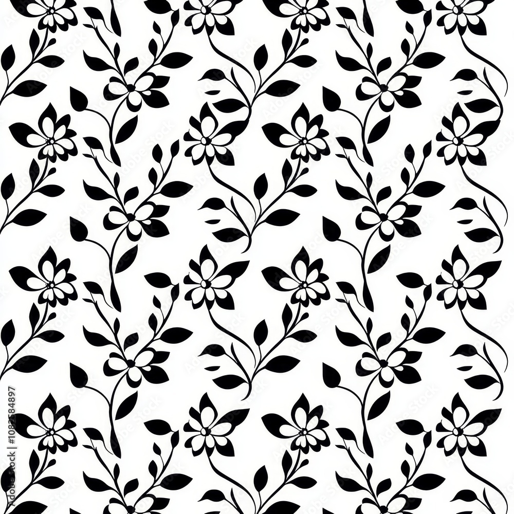 Vertical decorative floral pattern with abstract black flowers on a white background. Vertical decorative floral pattern with abstract black flowers on a white background.