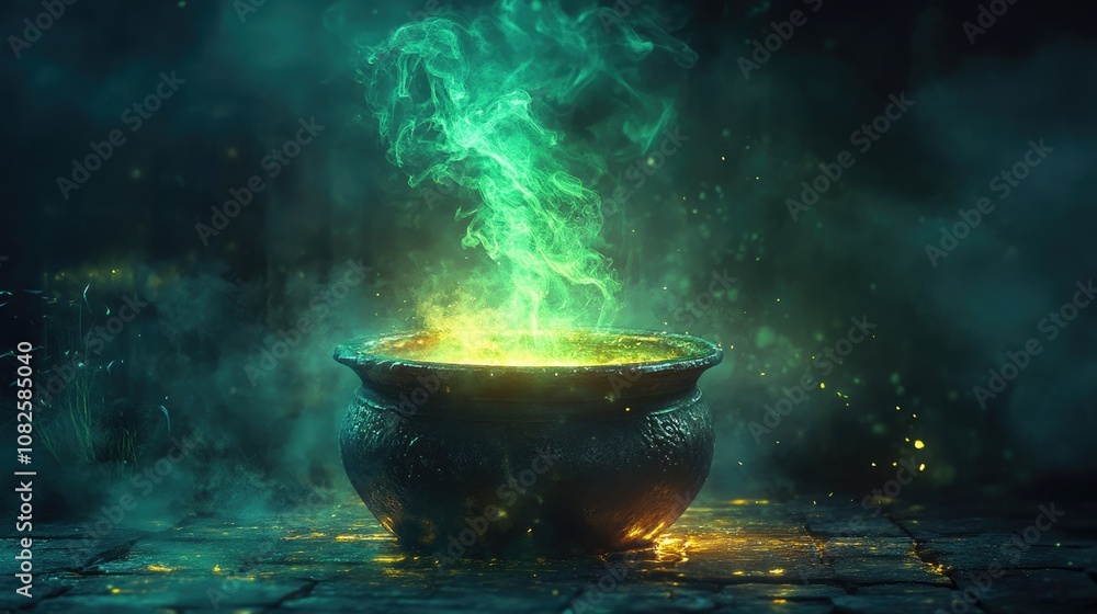 Dark and Mystical Cauldron Emitting Green Smoke, Ideal for Fantasy, Witchcraft, Magic Spells, and Halloween-Themed Imagery, Capturing the Eerie Essence of Supernatural Rituals Dark and Mystical Cauldron Emitting Green Smoke, Ideal for Fantasy, Witchcraft, Magic Spells, and Halloween-Themed Imagery, Capturing the Eerie Essence of Supernatural Rituals