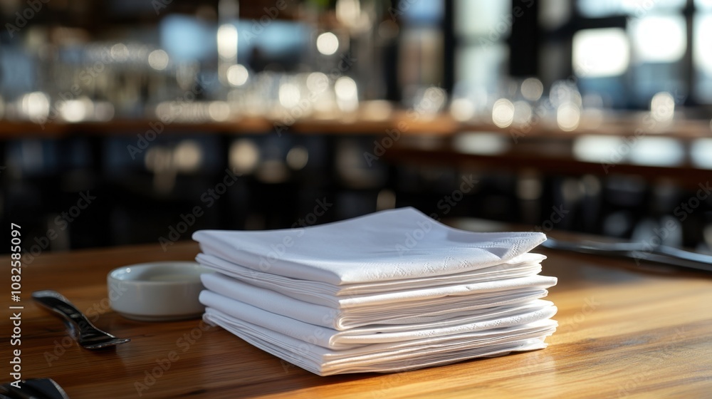 Neatly Stacked White Napkins on Wooden Table Neatly Stacked White Napkins on Wooden Table