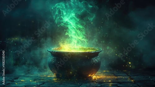 Dark and Mystical Cauldron Emitting Green Smoke, Ideal for Fantasy, Witchcraft, Magic Spells, and Halloween-Themed Imagery, Capturing the Eerie Essence of Supernatural Rituals