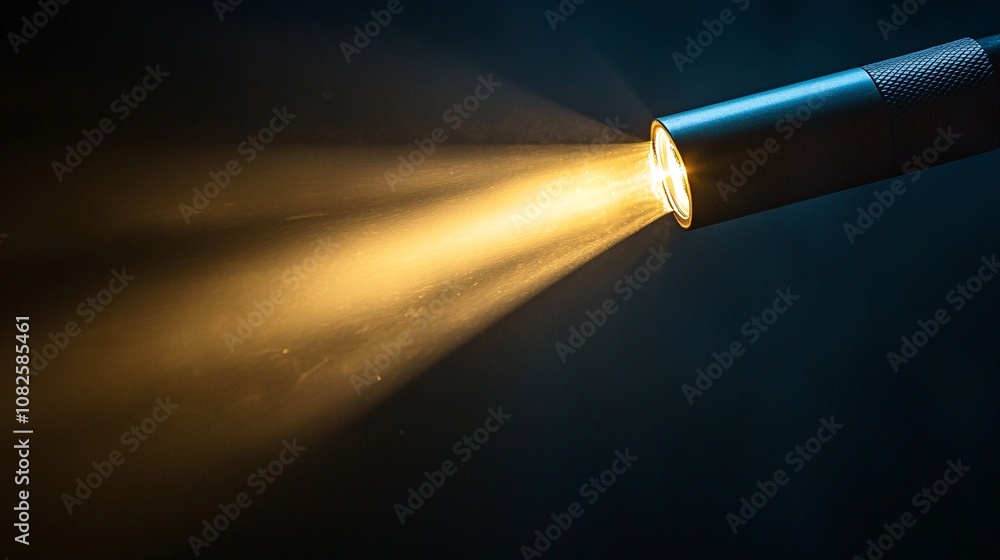 Fototapeta premium A bright flashlight beam cuts through the darkness, illuminating the surrounding space. The image captures a moment of clarity in a shadowy environment, showcasing the power of light.