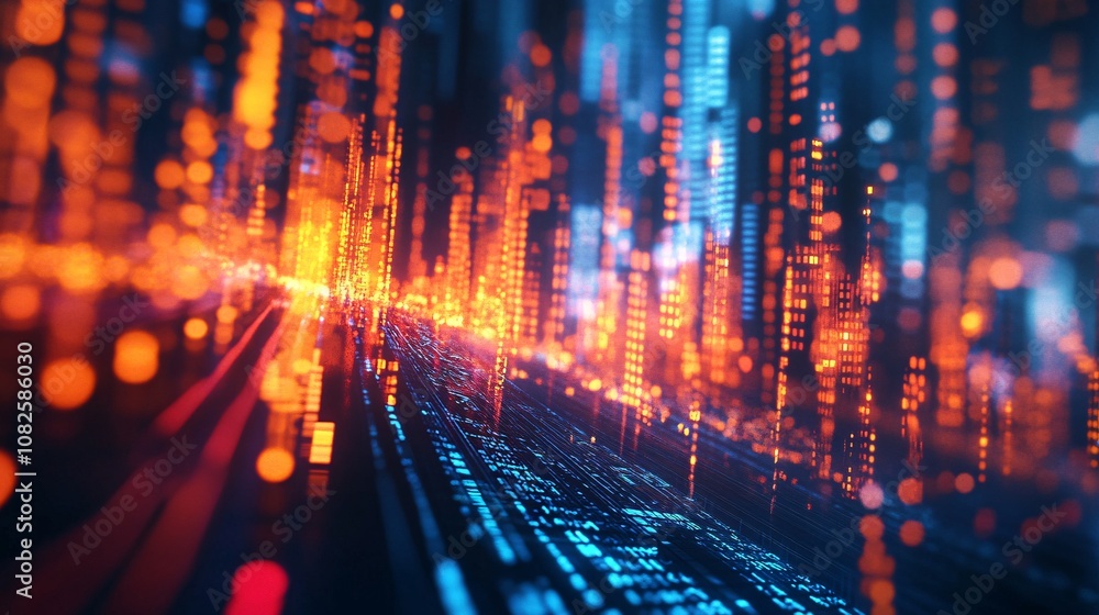 Futuristic smart city with glowing buildings and data flowing on a circuit board Futuristic smart city with glowing buildings and data flowing on a circuit board