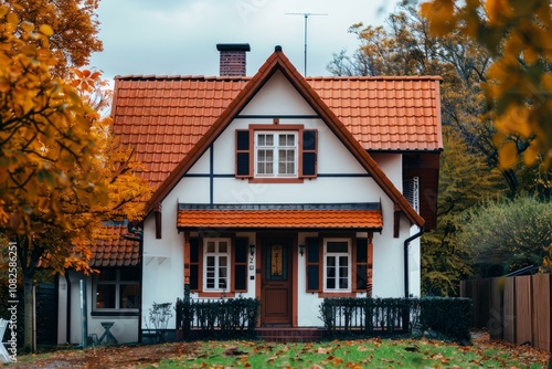 Beautiful white house with orange roof surrounded by autumn colors