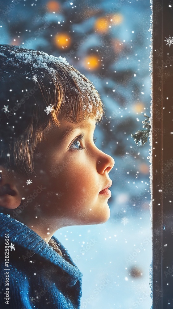 Fototapeta premium 1980s, hyper realistic, a kid looking through a window with snow, outside view, christmas decorations, generative ai