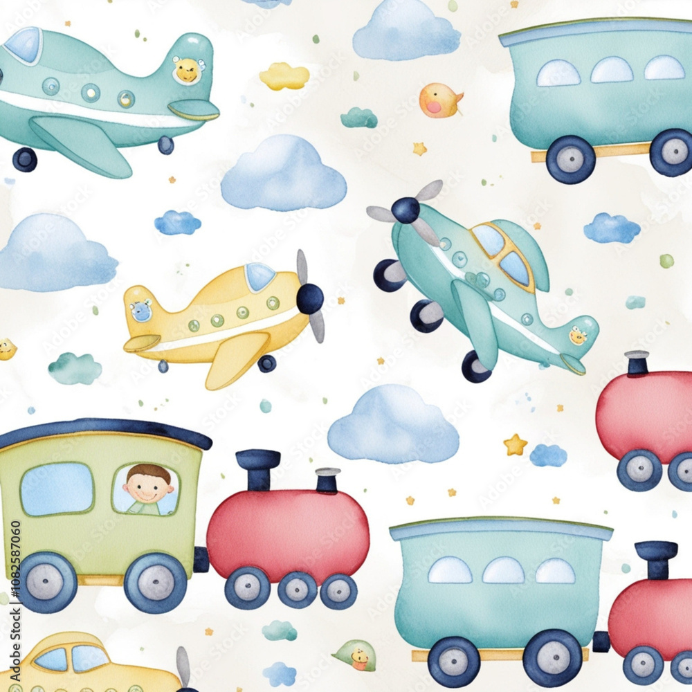 Naklejka premium A delightful assortment of cartoon-style vehicles including airplanes, cars, and a train, all set against a light blue sky with fluffy clouds and cheerful stars.generative ai