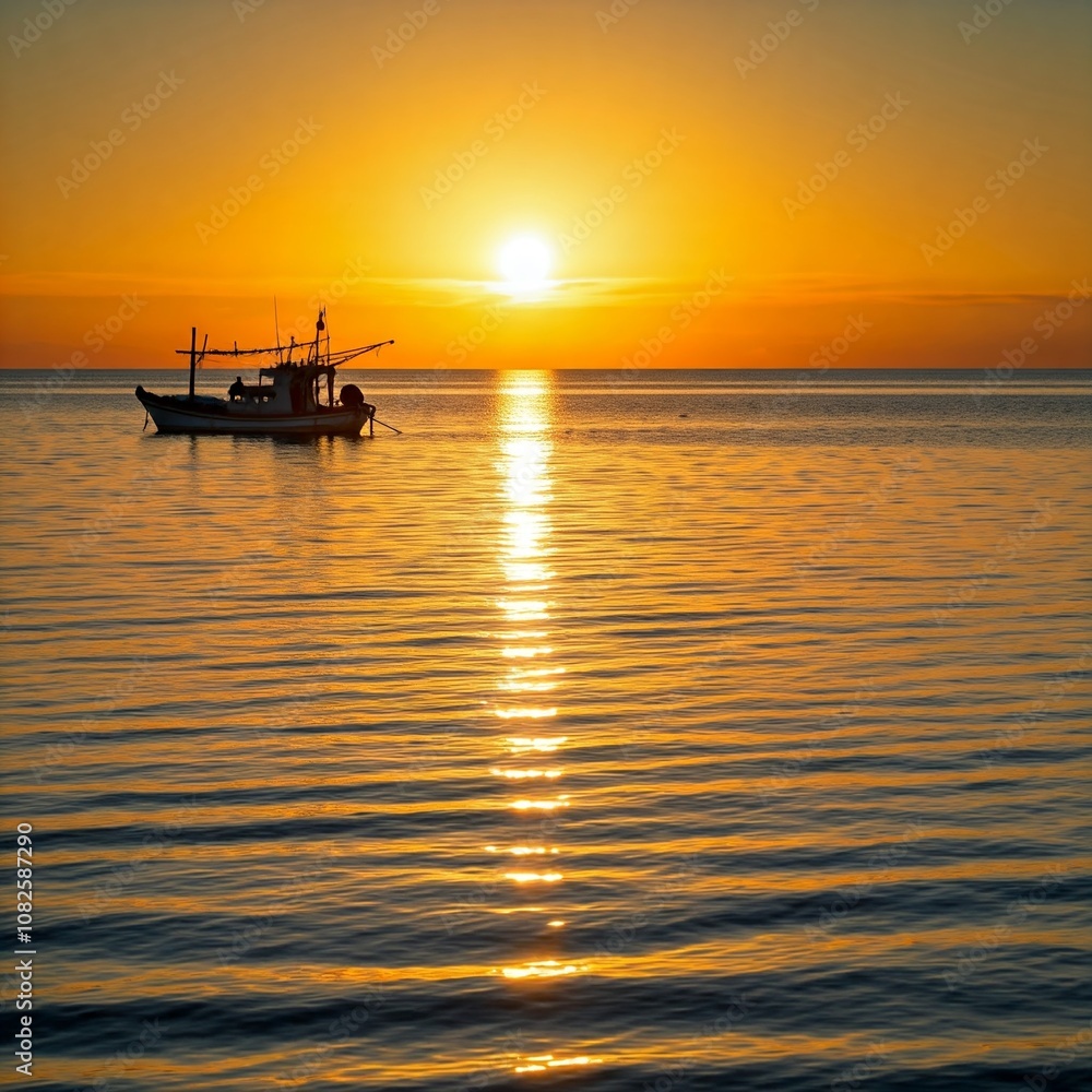 Beautiful fishing boat in the golden rays of the sunset Beautiful fishing boat in the golden rays of the sunset