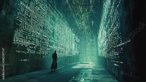 A lone figure navigates a surreal digital maze at a dead end, surrounded by cascading streams of glowing binary code in a futuristic, high-tech environment.