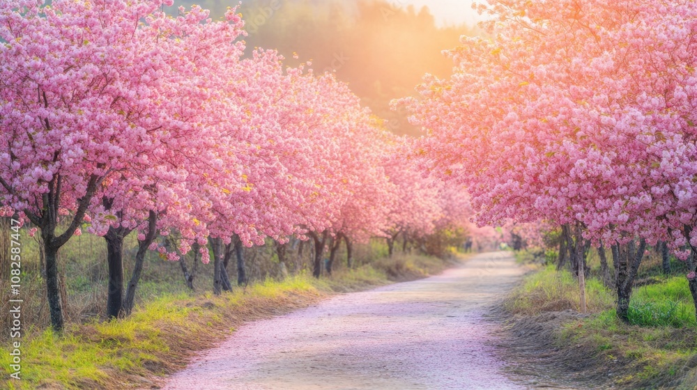 Serene Pathway Through Blooming Cherry Blossom Trees Serene Pathway Through Blooming Cherry Blossom Trees