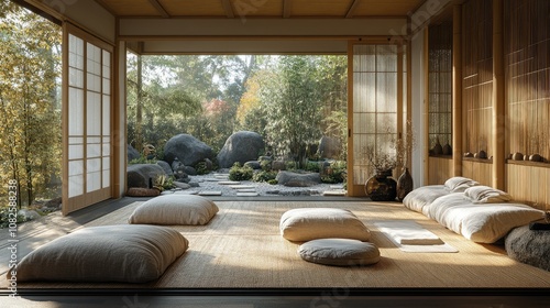 A Japanese-style room with tatami mats, cushions, and sliding doors opening onto a Zen garden. photo