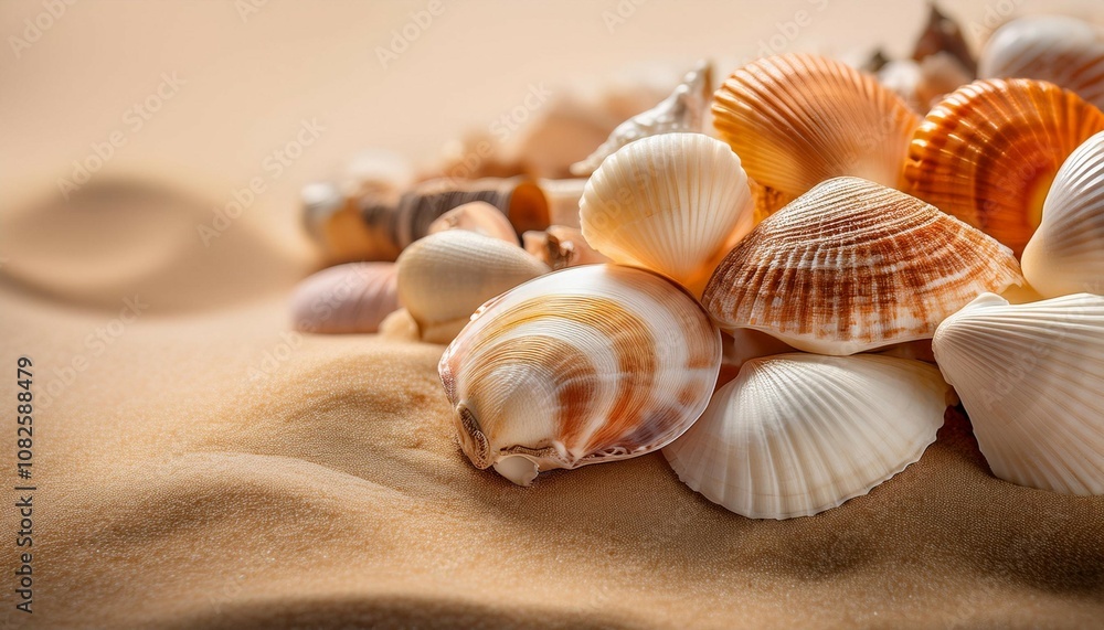 close up shot of a cluster of sea shells in a mix of textures and colors set against a smooth beige sand background that enhances the shell details close up shot of a cluster of sea shells in a mix of textures and colors set against a smooth beige sand background that enhances the shell details