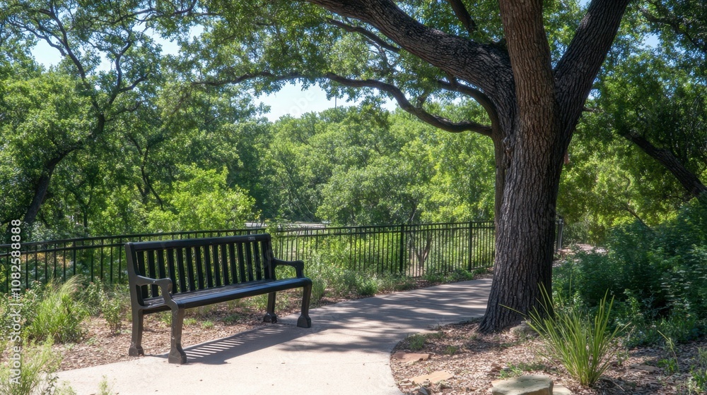 Serene Park Bench Under Lush Green Tree Serene Park Bench Under Lush Green Tree