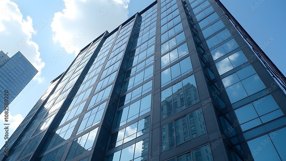 Obraz premium As I gaze up at the impressive tall building, the brilliant blue sky beautifully contrasts with its structure in the background, creating a stunning view
