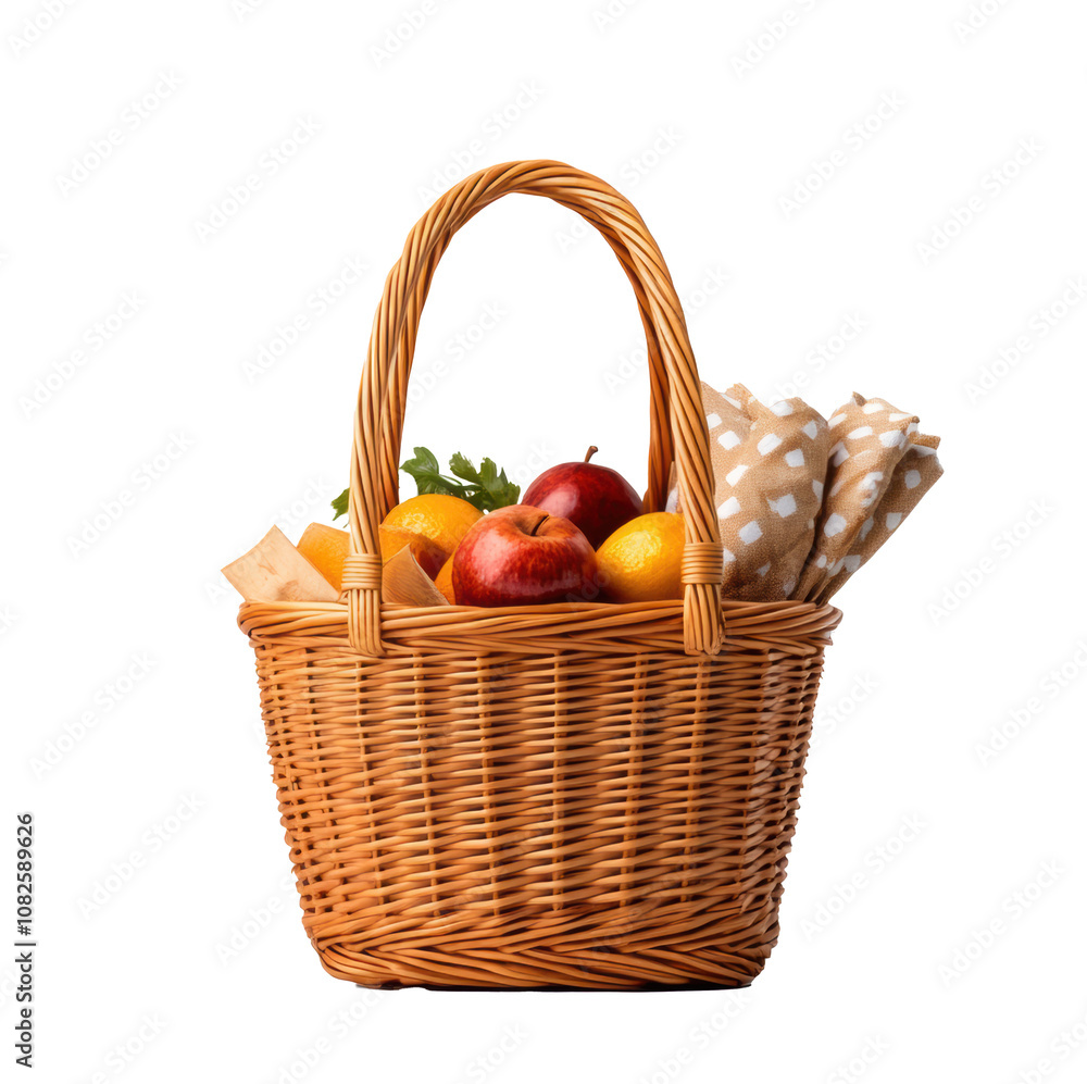 Woven Picnic Basket with Fruits and Bread Woven Picnic Basket with Fruits and Bread