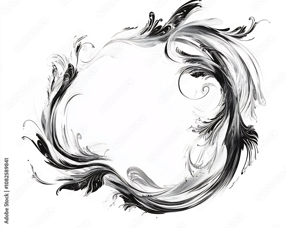 Fototapeta premium Elegant Ink Swirl Frame with Calligraphic Flourishes on Minimalist White Background