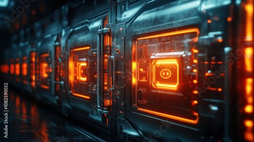 Futuristic metal panels with glowing orange lights.