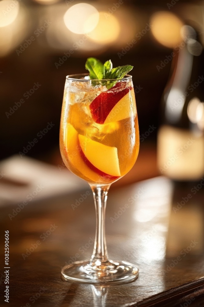 Sparkling Apple Sangria Refreshing peach sangria with mint garnish in elegant glass on rustic table Sparkling Apple Sangria Refreshing peach sangria with mint garnish in elegant glass on rustic table
