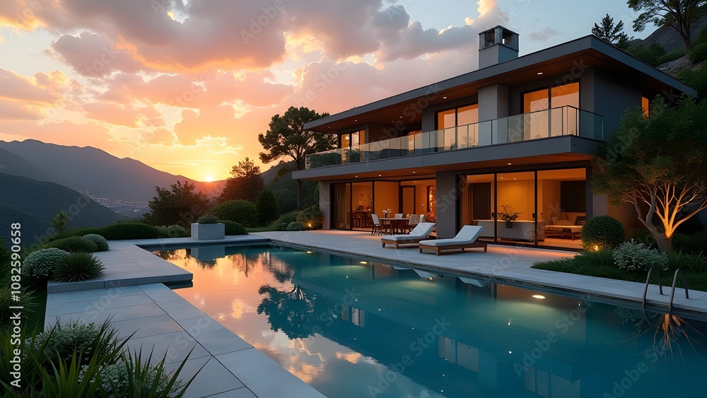 Obraz premium A stunningly beautiful contemporary home nestled within nature, boasting a tranquil pool that reflects the sunset