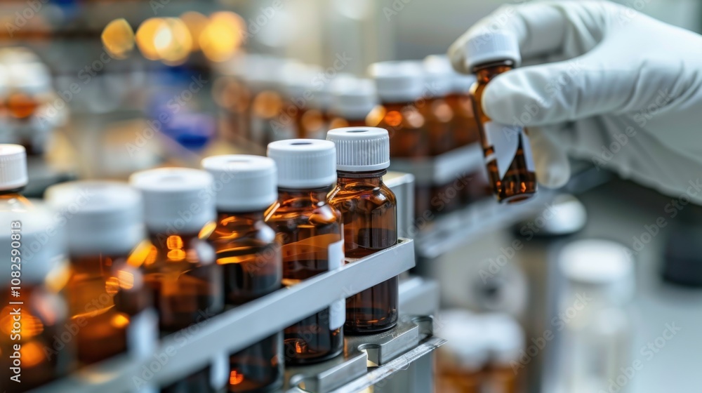 National Retinol Day Laboratory technician handling medicine bottles in research facility National Retinol Day Laboratory technician handling medicine bottles in research facility