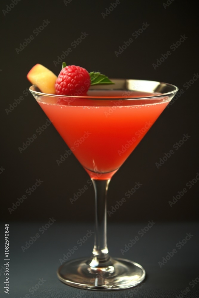 Refreshing raspberry peach martini with mint garnish on dark background Refreshing raspberry peach martini with mint garnish on dark background