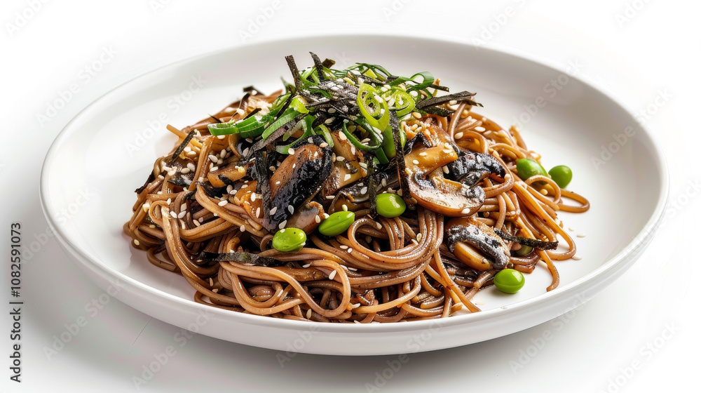 An isolated image of Asian-inspired black truffle pasta on a white background, featuring soba noodles, soy ginger sauce, edamame, grilled shiitake mushrooms, and garnishes. An isolated image of Asian-inspired black truffle pasta on a white background, featuring soba noodles, soy ginger sauce, edamame, grilled shiitake mushrooms, and garnishes.
